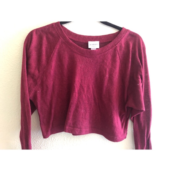 Dark Red Long Sleeve Crop Top - Picture 2 of 5